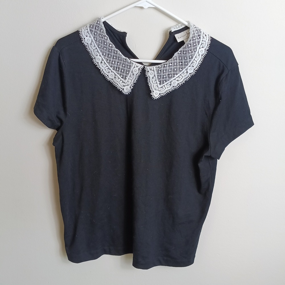 Maison Jules Lace Collar Top Womens L Black Excellent Short Sleeve Peter Pan